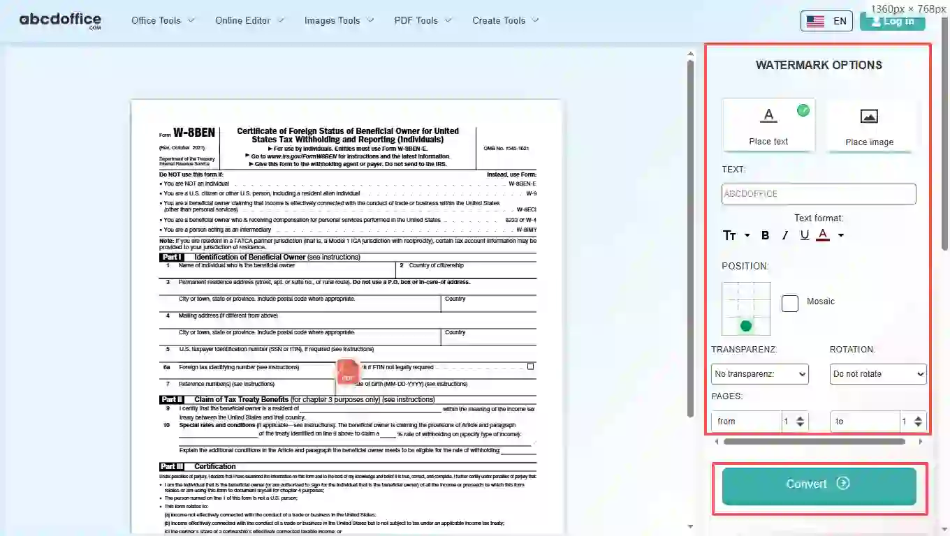ขั้นตอนที่ 3: เพิ่ม watermark ลงใน PDF ออนไลน์